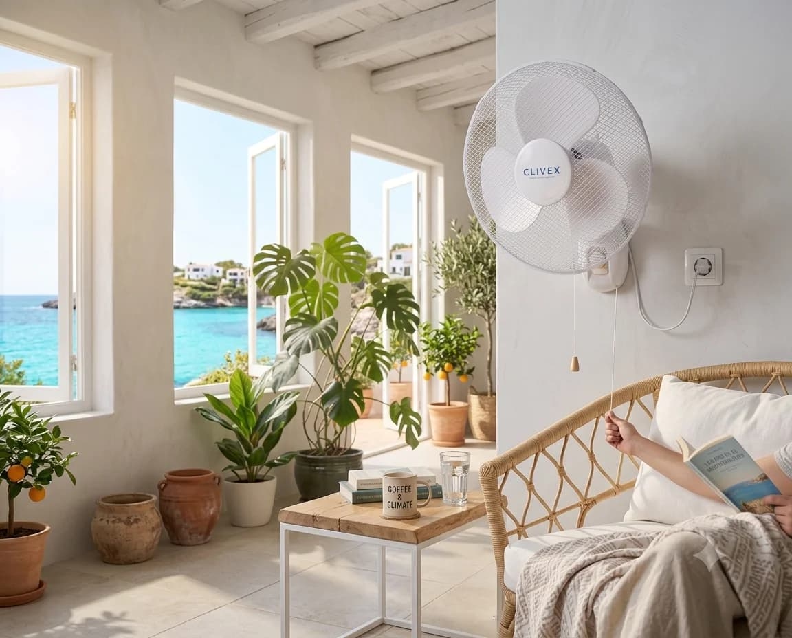 Clivex wall fan installed in a bright living room with sea views during a heatwave